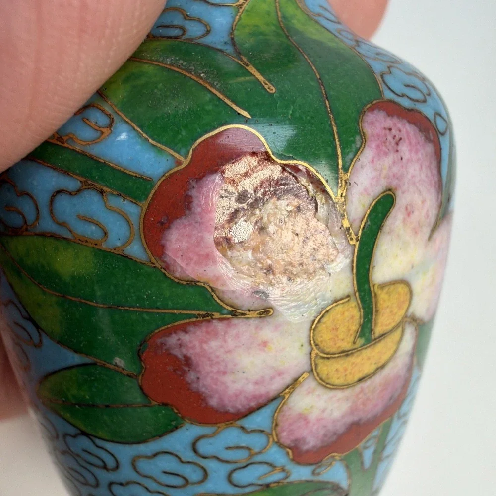 Vintage Miniature Cloisonne Enamel Brass Vase Floral Lotus Flower Motif 3